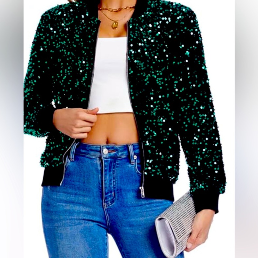 Sequin Velvet Bomber Sparkly Party Jacket Front Zip With Pockets